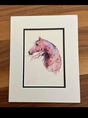 OLGA CUTTELL PRINT Watercolor Painting Wild & Free, Horse, Pink Flowers 8x10”